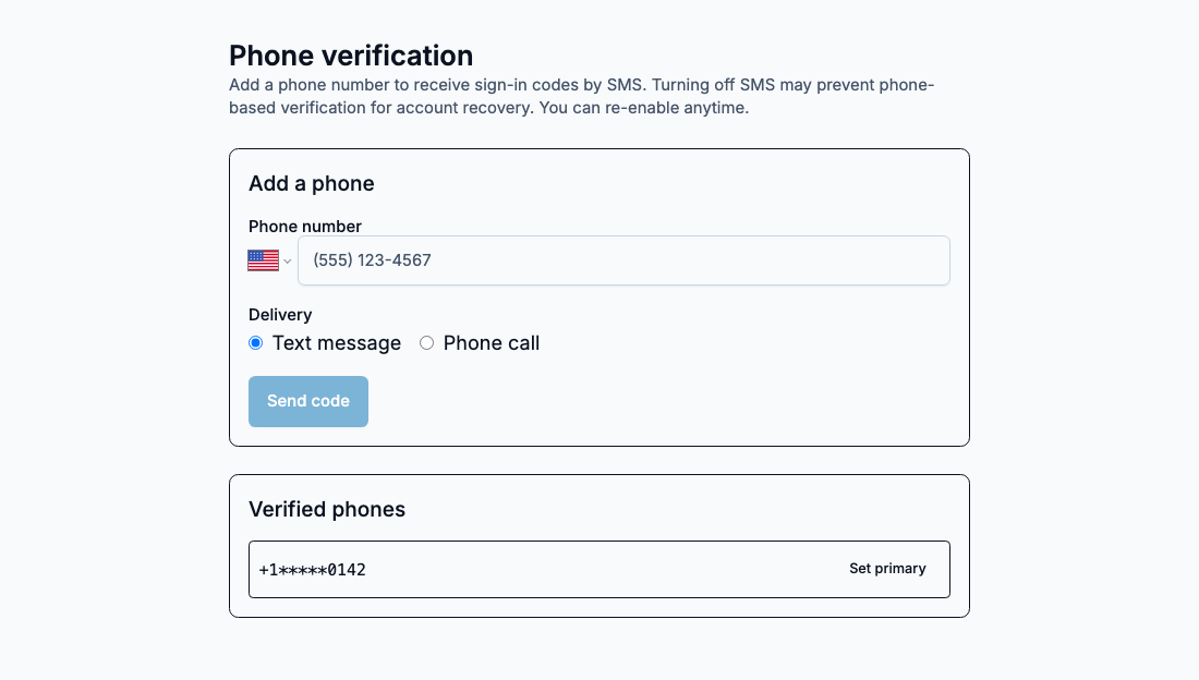 PrefCA Phone verification screen: an Add a phone form with a US phone number field, Text message or Phone call delivery choice, and a Send code button; below it a Verified phones list showing one masked number